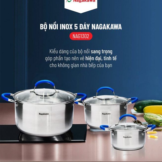 Bộ 3 Nồi Inox Cao Cấp Nagakawa NAG1302 (Size 16, 20, 24cm)